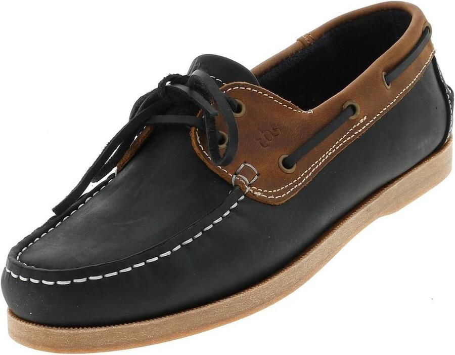 Heren mocassins navy en tan met handgestikte zool en grip