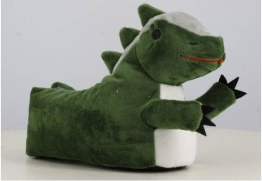 Hippe en leuke kinder pantoffels in de vorm van een dinosaurus zeer zacht fun factor dino op de teen voor en groen