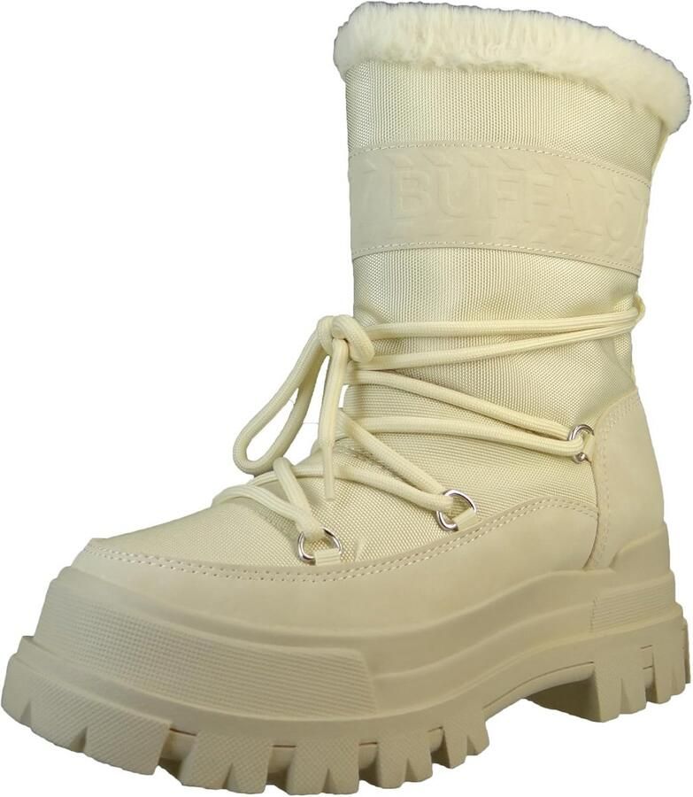 Hoge Beige Enkellaars met Plateauzool en Textiel Bovenwerk