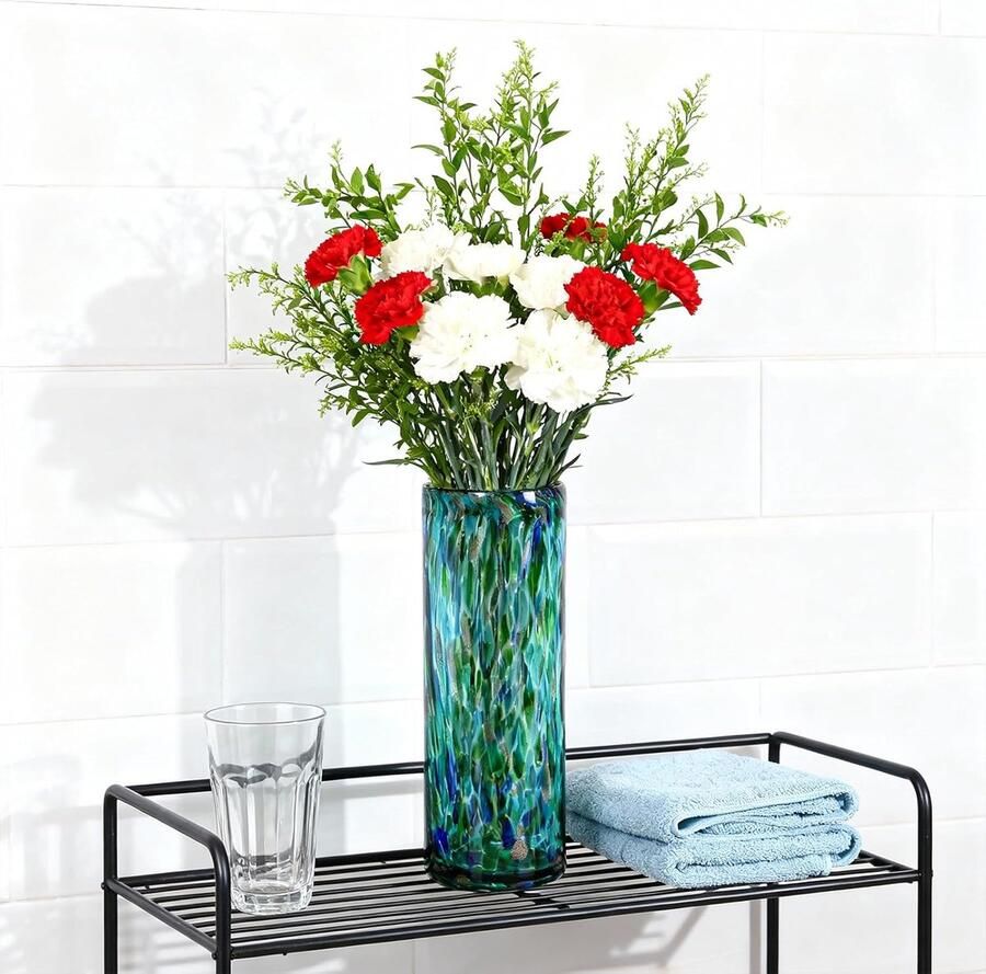 Hoge groenblauwe vaas handgeblazen glazen vaas groen moderne groenblauwe tafelstukken brede mond vazen voor Bud&Flower Decor Ideale woonkamer keuken bruiloft eettafel centrale tafel op