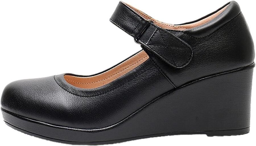 Hoge Plateau Sleehak Mary Jane Schoenen met Klittenband Leren Enkelbandje Pumps
