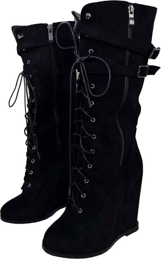 Hoge Unisex Laarzen met Plateauzool Kniehoog & Brede Schacht Zwart Suède Lace-Up