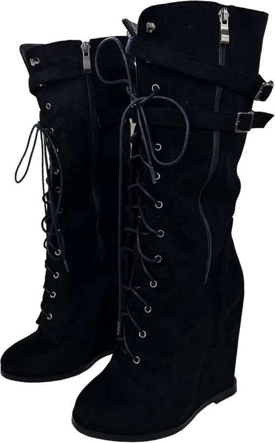 Hoge Unisex Laarzen met Plateauzool Kniehoog & Brede Schacht Zwart Suède Lace-Up