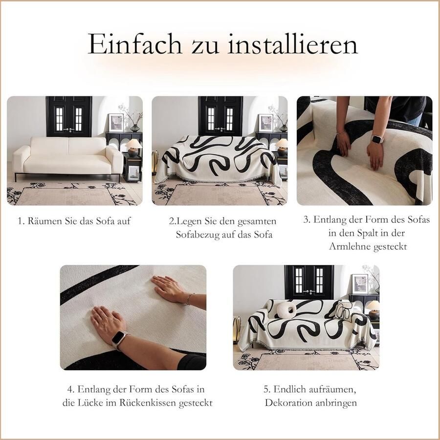 HOME Bankhoes L-vorm Krasbescheming Sofa Kat Jacquard Sofa Overtrek 2-zitter met Decoratieve Kwasten Sofaovertrek Wasbaar Geometrische Boho Sofa Cover 180 x Zwarte Curve