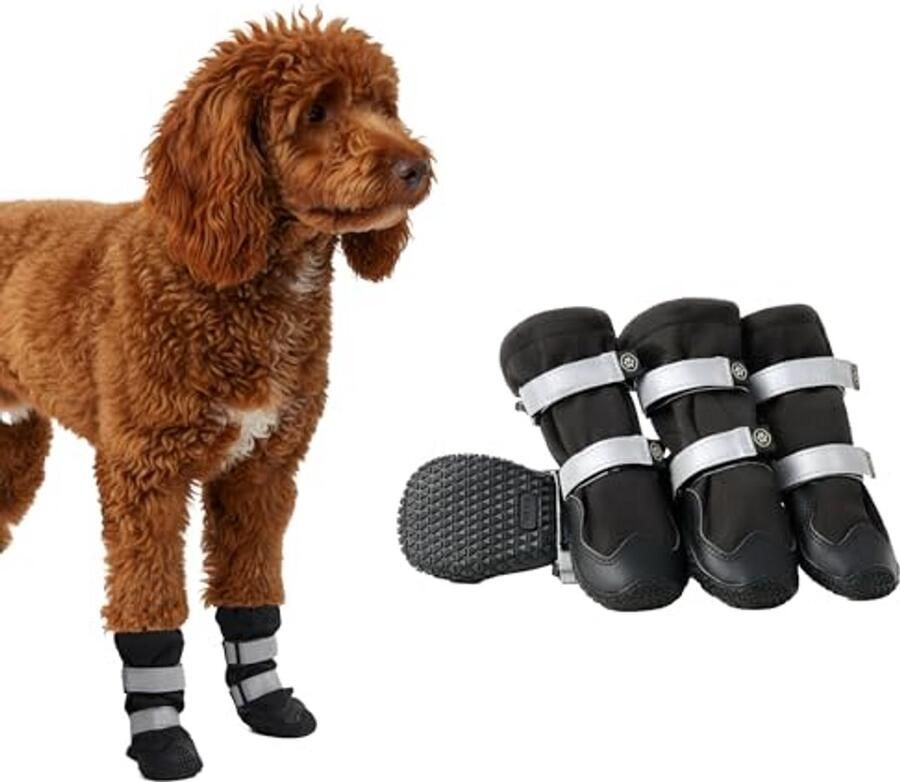 Hondenschoenen Hondenlaarsjes Pootbescherming Reflecterende bandjes 4 stuks Zwart