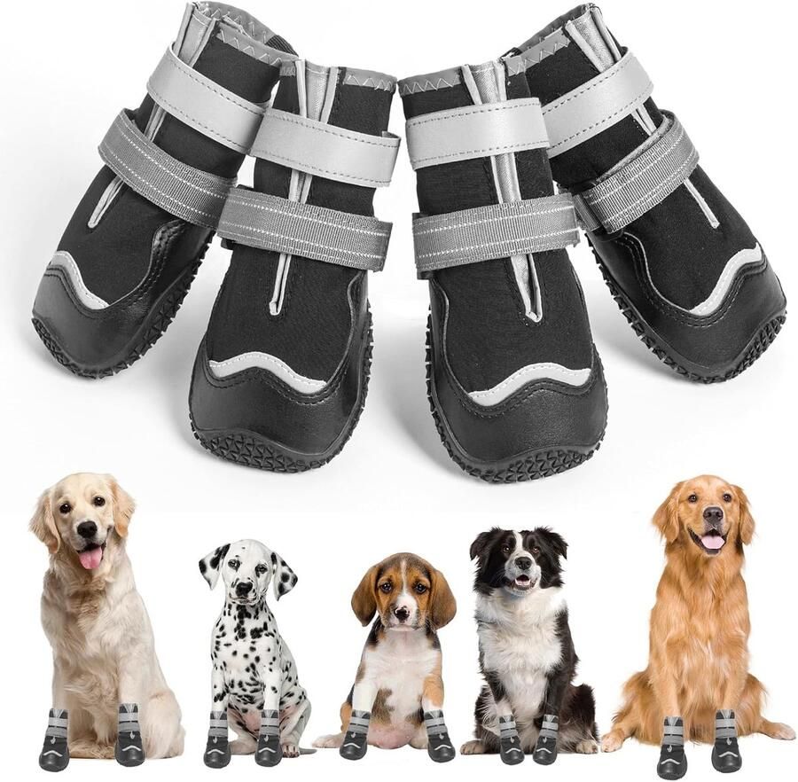 Hondenschoenen Hondenlaarzen Pootbeschermers Pootbescherming Waterdicht Reflecterend 4 Stuks Zwart