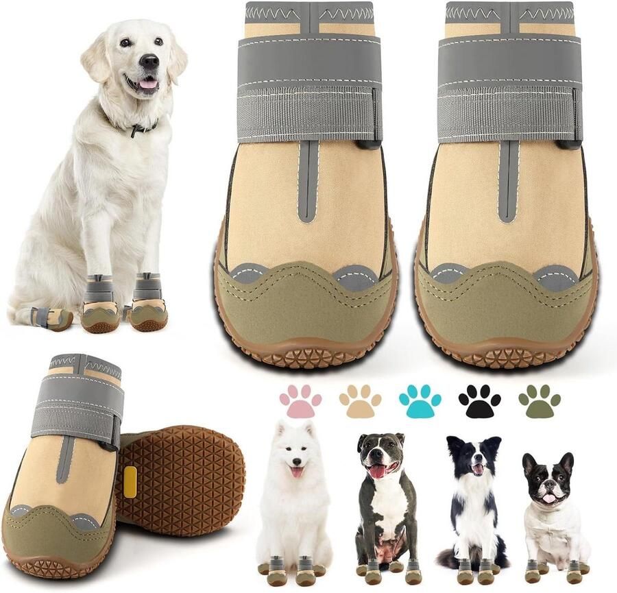 Hondenschoenen Pootbeschermers Hondenlaarsjes Waterdicht Pootbescherming Wandelen Anti-slip Zool Kaki