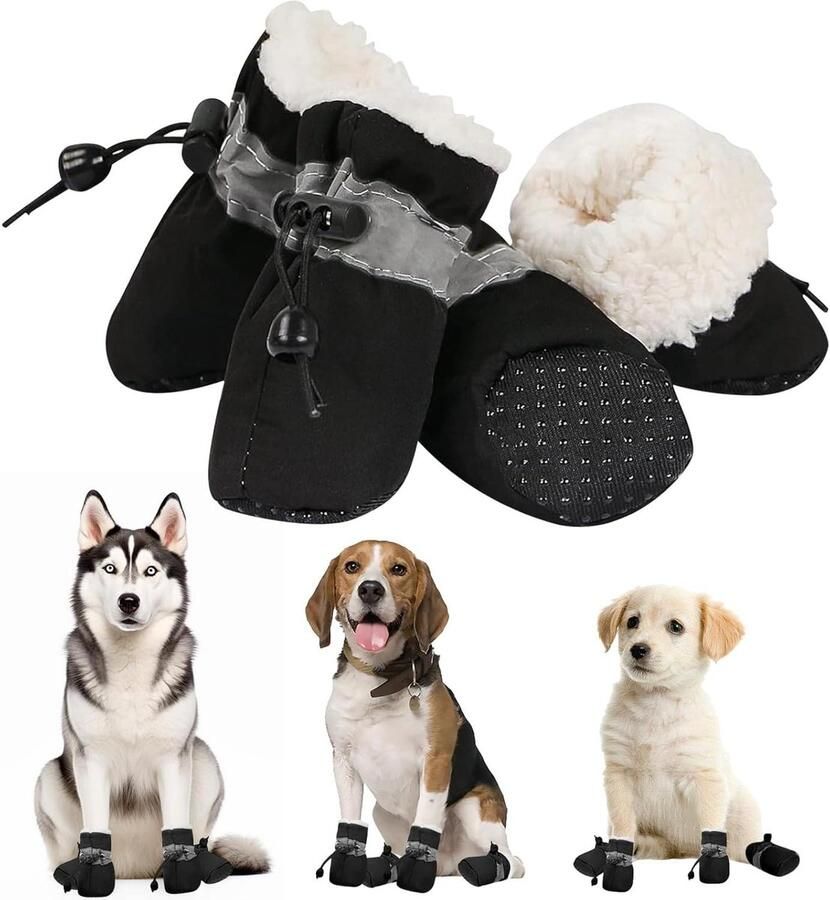 Hondenschoenen Pootbescherming Hondenlaarsjes Winter Bescherming Poten Antislip Slijtvast Set van 4 Zwart