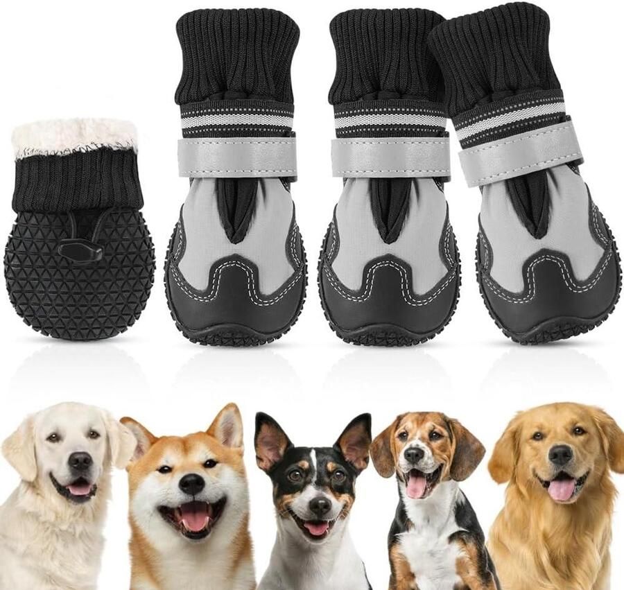 Hondenschoenen Pootbescherming Hondenlaarzen Antislip Poten Bescher Waterdicht en Warm 4 stuks Zwart