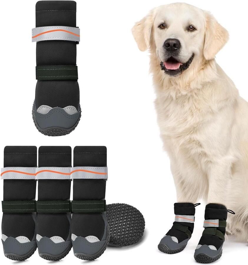 Hondenschoenen Sneeuwlaarzen Poot Winter Wandelen Reflecterende Strepen Zwart