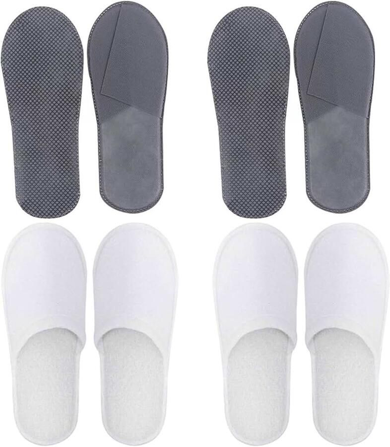 Hotelslippers wegwerpschoenen gastpantoffels set van 4 paar badstofslippers pantoffels voor en universele maat wegwerppantoffels voor bruiloft wit + grijs wit