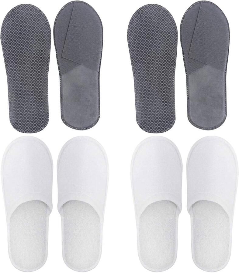 Hotelslippers wegwerpschoenen gastpantoffels set van 4 paar badstofslippers pantoffels voor en universele maat wegwerppantoffels voor bruiloft wit + grijs wit
