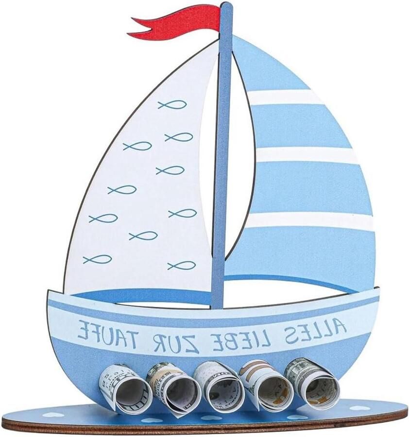 Houten Doopboot Doopcadeau Jongen Geldgeschenk Maken Met Zeilmotief 19 x Blauw
