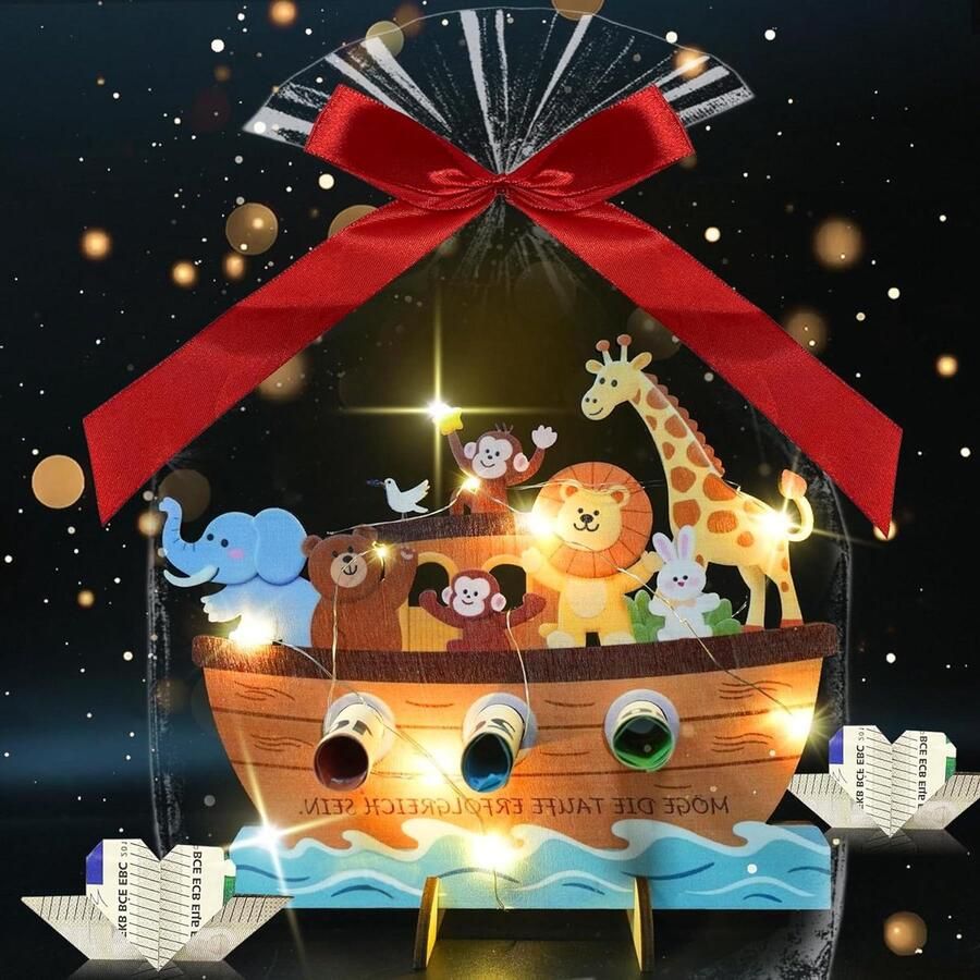 Houten Doopboot Doopgeschenk Boot Geldgeschenk Creëren Met Ledstrip en Lint 10 x 8 x