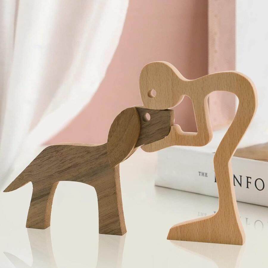 Houten hondenbeeldjes handgesneden houten hond menselijke sculptuur standbeeld handgemaakte accenten ambachten houten versiering staand tafeldecoratie ornament voor huisdecoratie