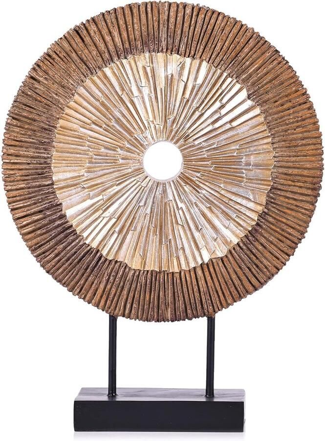 Houten sculptuur cirkelvormige lijn abstract uniek ontwerp standbeeld voor woonkamer open haard rek kantoor console eettafel tafeldecoratie (bruin goud)
