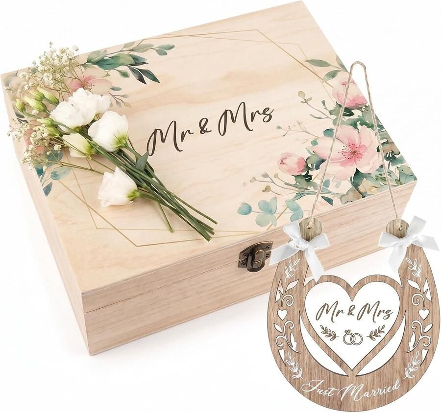 Houten Trouwdoos Met Mr & Mrs Opdruk Hartvormig Hoefijzerornament Voor Het Bruidspaar Bloemendoos Hangend Ornament Met Lint Huwelijksgeschenken