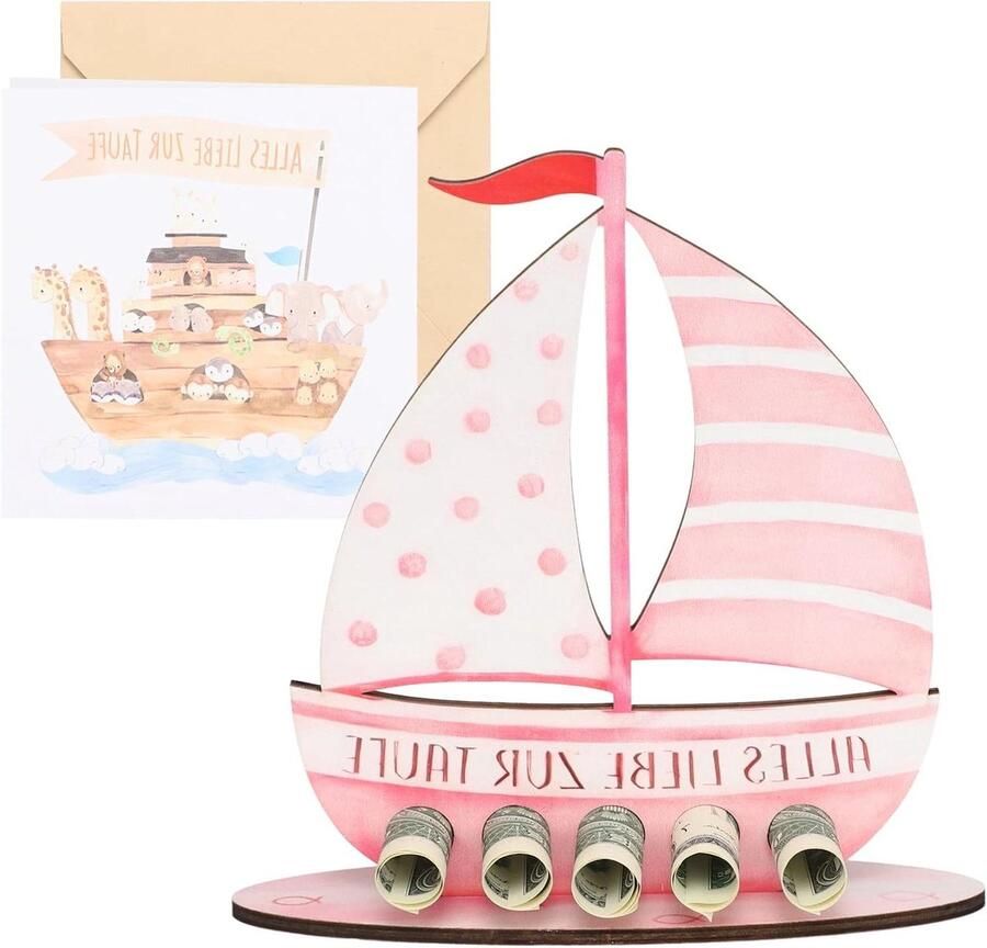 Houten Zeilboot Doopcadeau Aandenken Geld Geven Met Doopkaart 19 x Roze