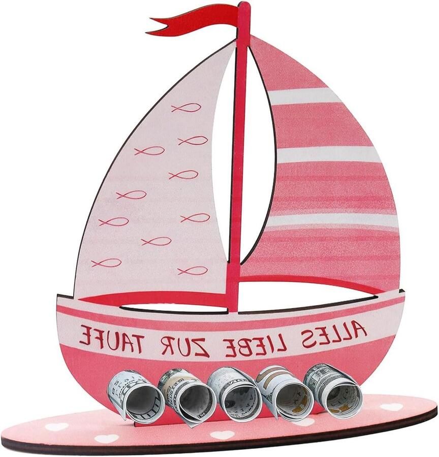 Houten Zeilboot Doopcadeau Geboortecadeau Boot Geldgeschenk Presenteren Met Geldgleuven Hoog Roze