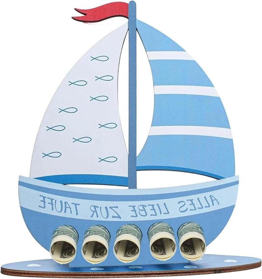 Houten Zeilboot Doopcadeau Geldkistje Geld Opbergen Met 5 Geldgleuven 19.9 x Houtkleur