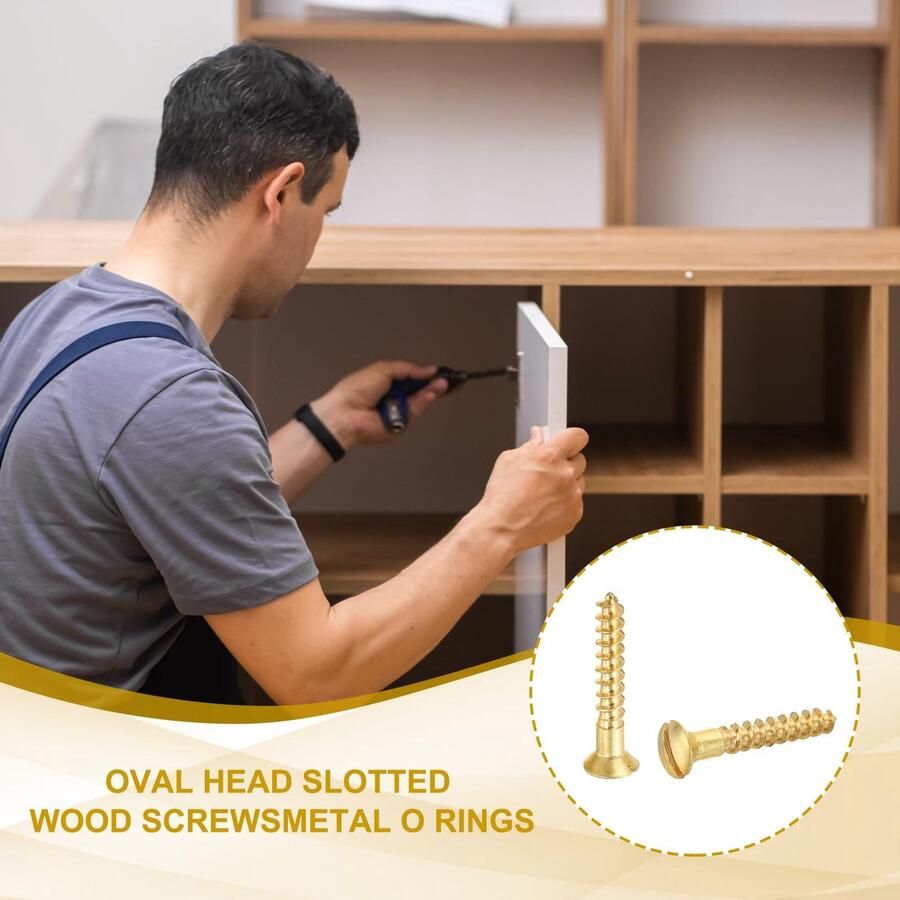 Houtschroef met sleuf M4 x 25 mm verpakking met 25 zelfborende schroeven van massief messing met ovale kop en platte kop voor het verbinden van houten meubels goudkleurig