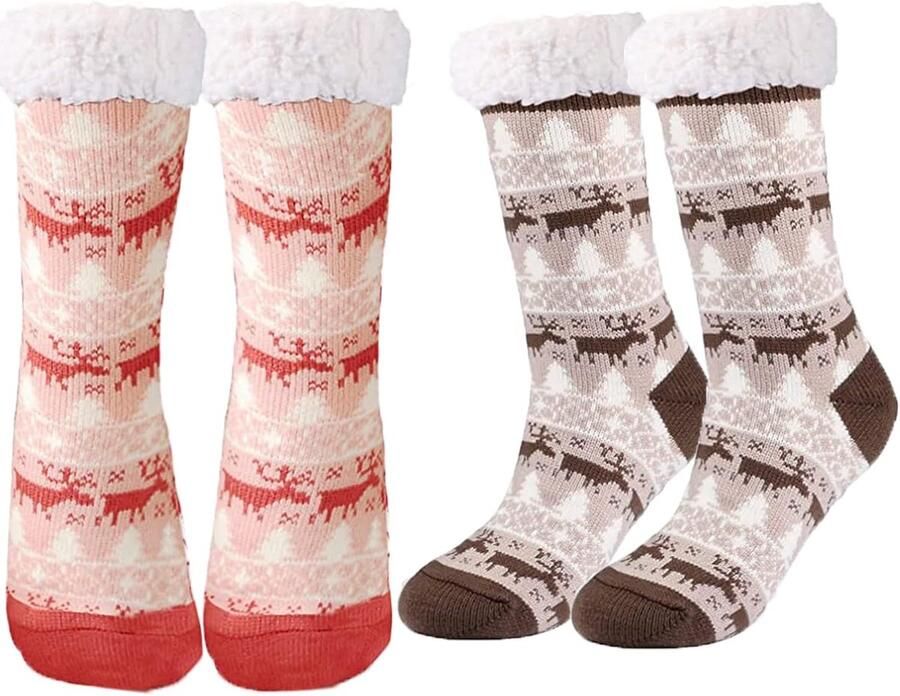 Huissokken dames wintersokken dames stoppersokken huissokken met ABS-zool knuffelsokken voor dames pantoffels sokken Kerstmis fuzzy sokken wollige sokken winterkousen 35-41 Bruin Roze 2 Paar