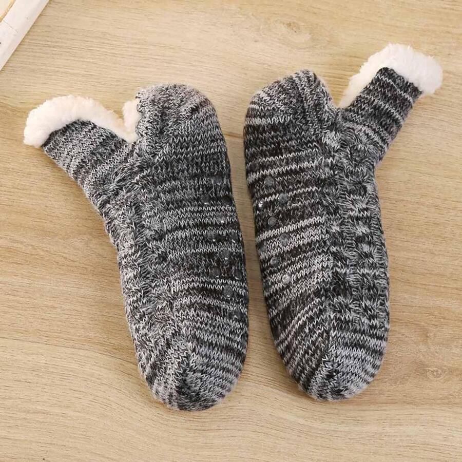Huissokken voor dames wintersokken met fleecevoering en anti-slip noppen wollige pantoffelsokken warm gebreide gestreepte wintersokken thermosokken voor binnen en buiten