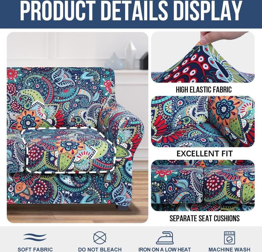 Hyha Bedrukte bankhoes voor 2-zits bank bankovertrek met bloemenpatroon en apart kussensloop 3-delige stretch loveseat-hoes wasbare meubelbeschermer (Loveseat Paisley Floral)