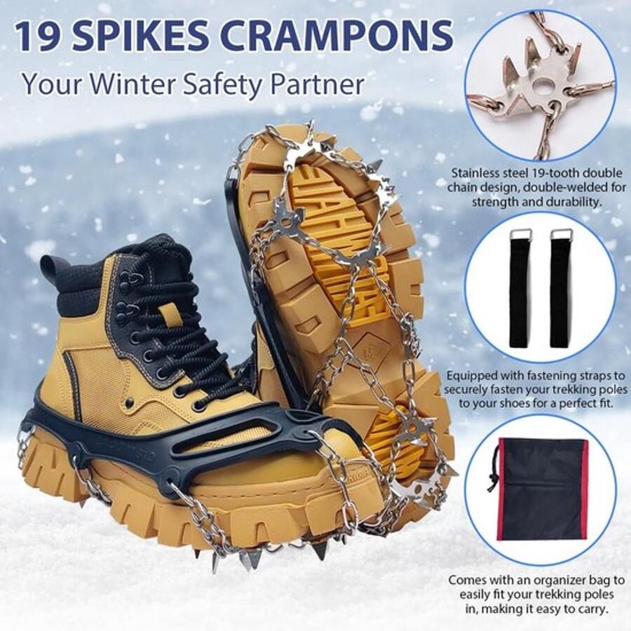 IJsspikes 19 Tanden Antislip Stijgijzers Roestvrij Staal Professionele Laarspikes Voor Wandelschoenen Inclusief Draagtas