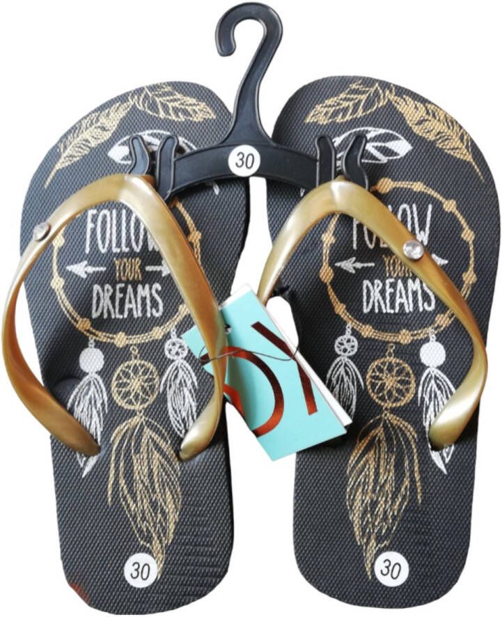 LONERIACCO Indiana teenslipper zwart goud met strass steentjes