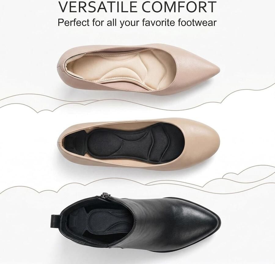 Inlegzolen voor damesschoenen Antislip en gevoerd geschikt voor hakken en sneakers zwart en beige 4 paar met ronde en puntige teenvorm