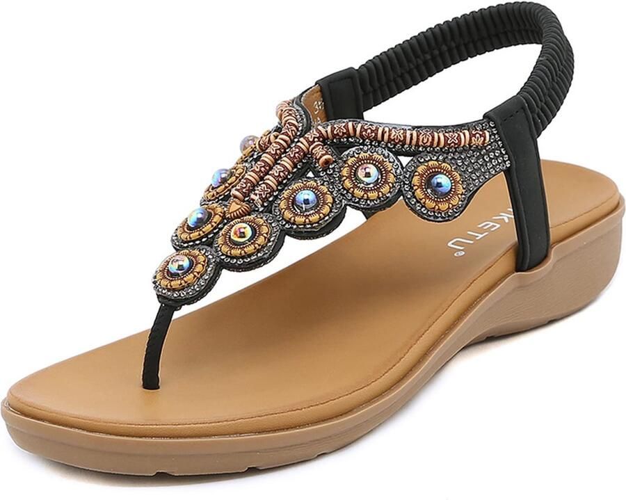 Inovra- Sandalen Dames Platte Sandalen Elastische Rug Riem Bohemian Kralen Casual Mode EU Zomerschoenen