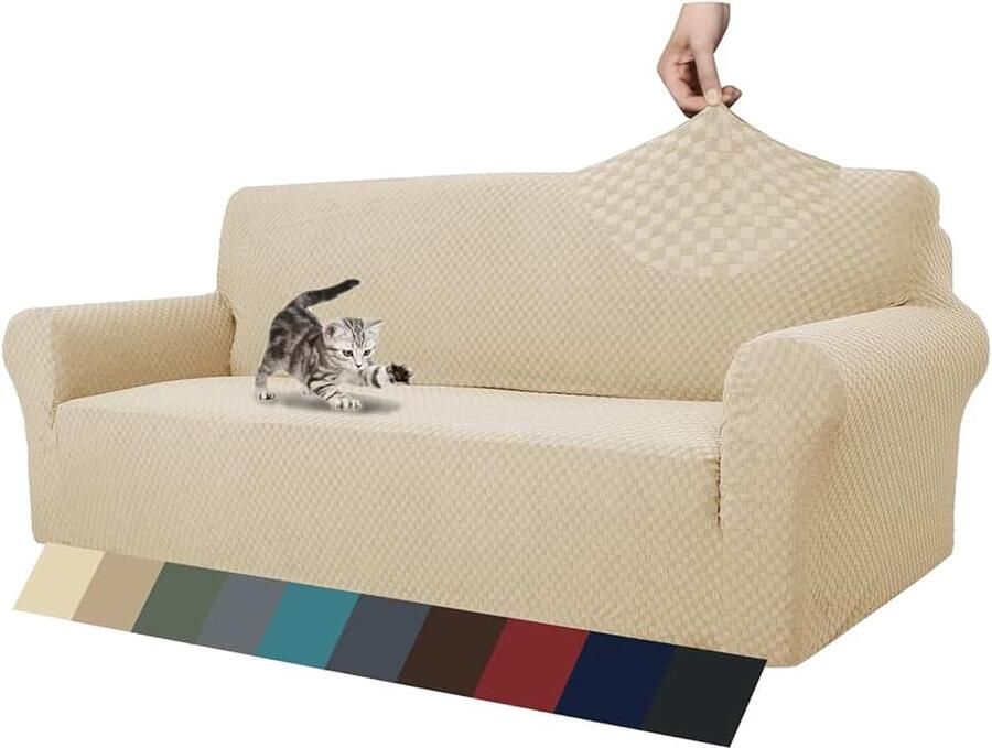 Jacquard bankovertrek 3-zits 3 stuks bankovertrek antislip hoes voor woonkamer stretchhoes voor honden en huisdieren met anti-slip schuim (3 zits lichtbeige)