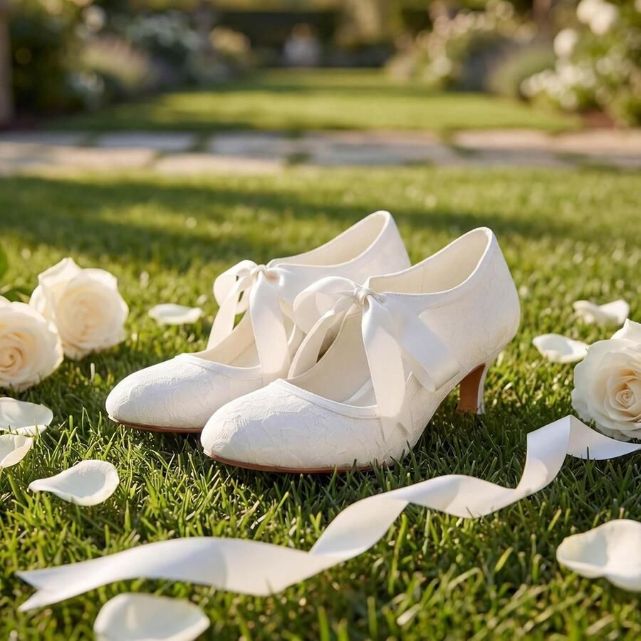 JIA 140311 Bruids Kanten Satijn Mid Hak Gesloten teen Prom Partij Dans Trouwschoenen Vrouwen Pompen - Foto 1