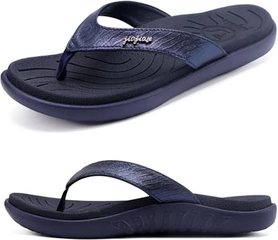 Jiajiale Flip Flops modieuze orthopedische leren stof lichte teenslippers vrouwen comfortabel yoga voetbed badslippers zomer strand anti-slip vaste rubberen zool
