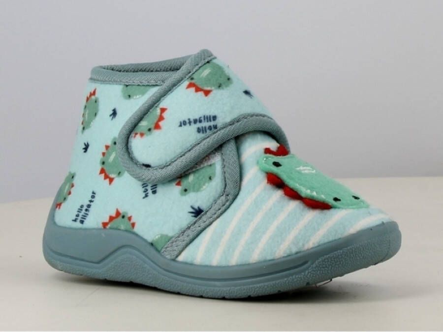 en baby peuter kleuter dino dieren pantoffels zeer zachte sloffen blauw met leuk dinosaurus gezichtje sterke antislip instappers met klittenband velcro sluiting
