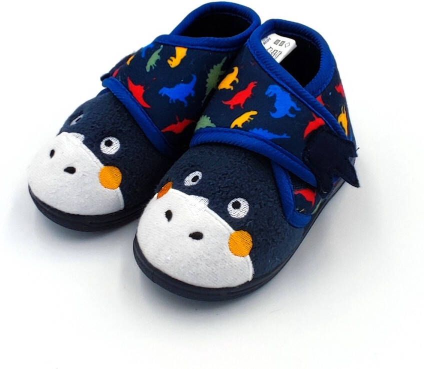 en baby peuter kleuter dinosaurus dieren pantoffels zeer zachte sloffen blauw met leuk dino gezichtje en print sterke antislip instappers met klittenband velcro sluiting