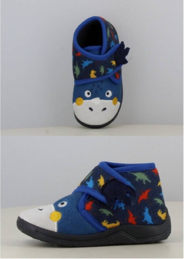 en baby peuter kleuter dinosaurus dieren pantoffels zeer zachte sloffen blauw met leuk dino gezichtje en print sterke antislip instappers met klittenband velcro sluiting
