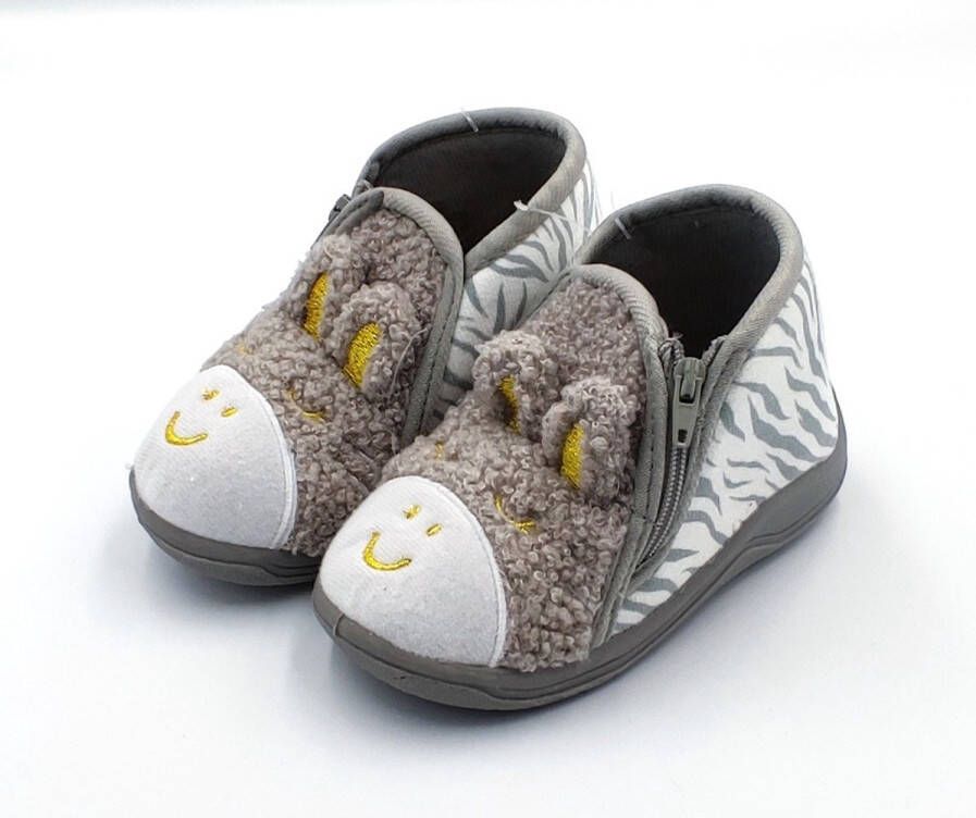 en baby peuter kleuter zebra dieren pantoffels zeer zachte gevoerde sloffen grijs met leuk zebra gezichtje en print sterke antislip instappers met ritssluiting