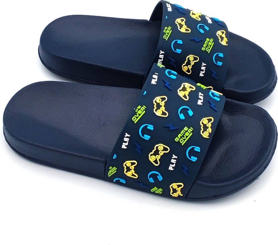 Jongens rubberen slippers marine Play instap sloffen ideaal voor thuis of als strand bad slipper goede grip