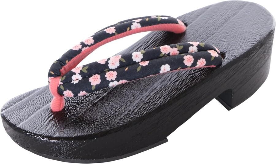 K-G-61-15 zwart roze bloemen natuur hout zwart Japan Geta sandaal tai kimono geisha teenslippers