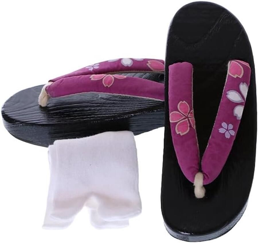 K-G-61-9 Tabi Kimono Geisha teenslippers paars roze sakura bloemen hout zwart origineel Japan Geta sandaal Tabi Kimono Geisha