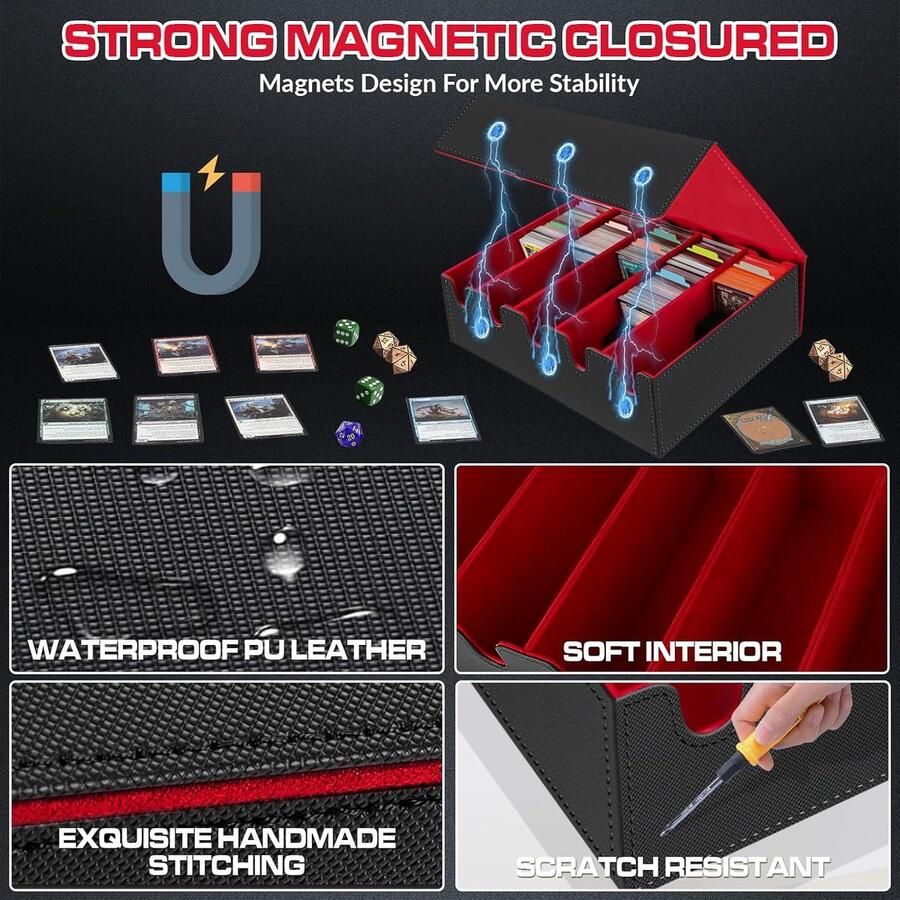 Kaartenbox voor meer dan 3800 kaarten opbergdozen voor verzamelkaarten met 48 gekleurde scheidingswanden en 5 schuimrubberen onderverdelingen premium magnetische hoesjes voor TCG Magic (zwart rood)