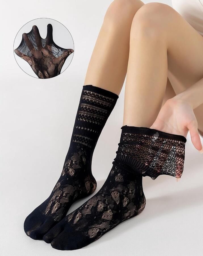 Kant Tabi Sokken voor Vrouwen 3 paar Sexy Ruches Split Toe Sokken Mesh Frilly Slouch Flip Flop Sok voor Ballet Flats - Foto 2