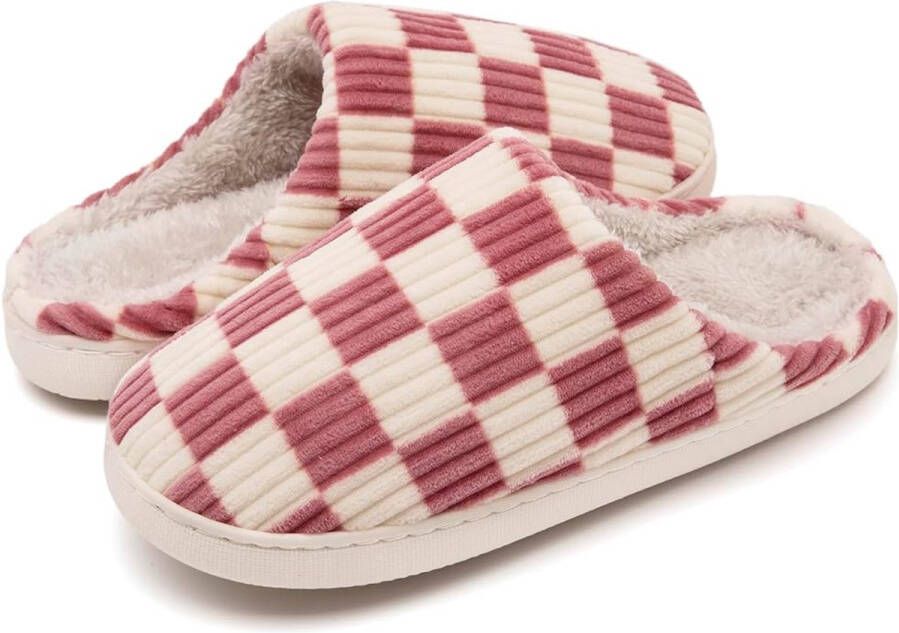 Katoenen pantoffels Sloffen Dames Fuzzy Dames Geheugenschuim Geruite Pantoffels Slip op Anti-Skid Zool Slaapkamer Wolk Huisslippers