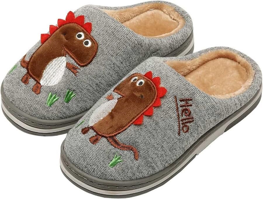 Katoenen winterpantoffels voor kinderen warme zachte pluche pantoffels knuffelige slippers met cartoon-dinosaurus voor en