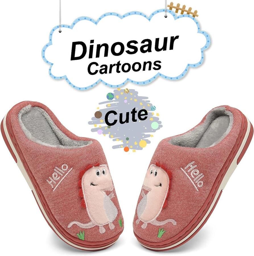 Katoenen winterpantoffels voor kinderen warme zachte pluche pantoffels knuffelige slippers met cartoon-dinosaurus voor en