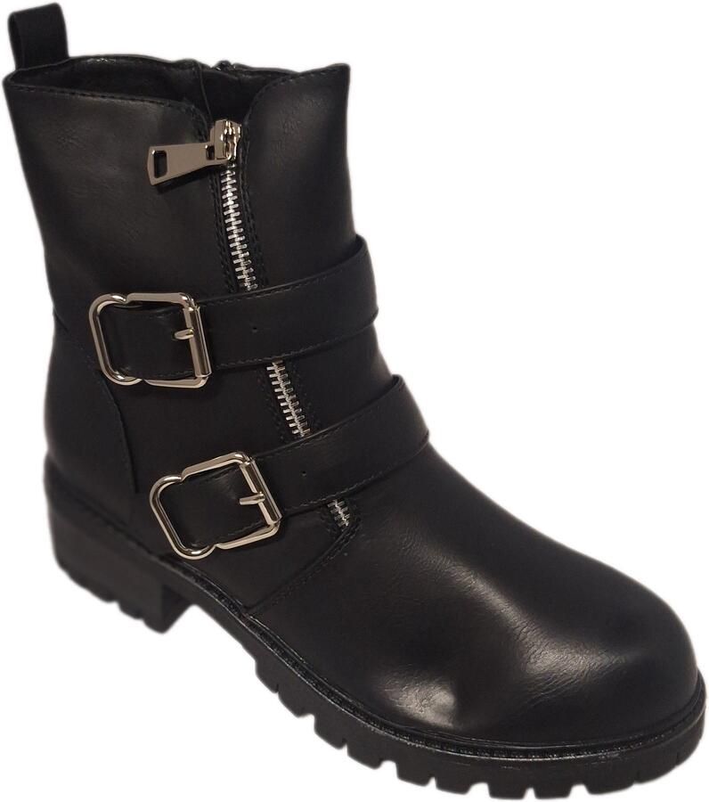 KAYLA BIKER BOOTS MET 2 GESPEN EN RITS IN LEDERLOOK