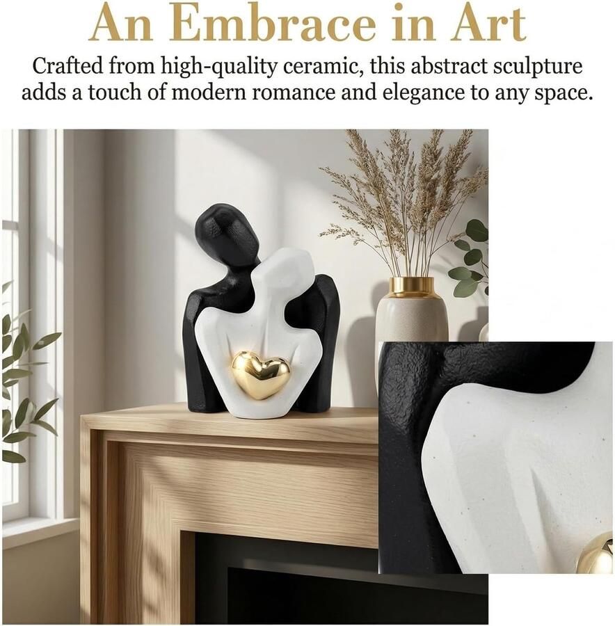 Keramisch paar-beeld decoratief indoor beeld voor koppels omarmend paar standbeelden romantische moderne sculptuur moderne decoratie voor thuis zwart en wit