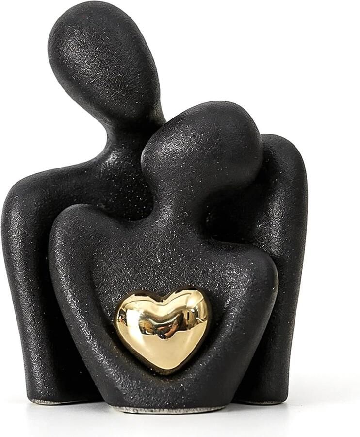 Keramische figuren paar moderne abstracte sculptuur met gouden hart romantisch liefdesbeeld zwart-goud voor woonkamer slaapkamer kantoor jubileum of Valentijnsdag